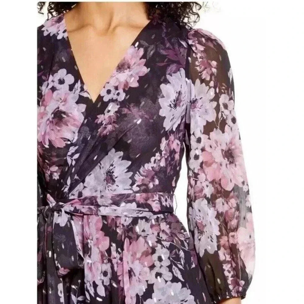 Eliza J Floral Metallic Fleck Dress Puff Sleeve V-Neck Midi women’s Size 10